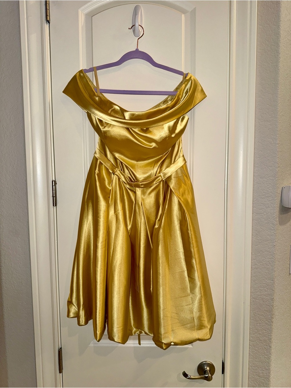 Brand New Golden Satin Off-Shoulder Cocktail Dress